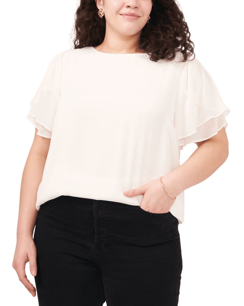 Front of a model wearing a size 1X Bella Ruffle Sleeve Blouse in NEW IVORY by Vince Camuto. | dia_product_style_image_id:261039